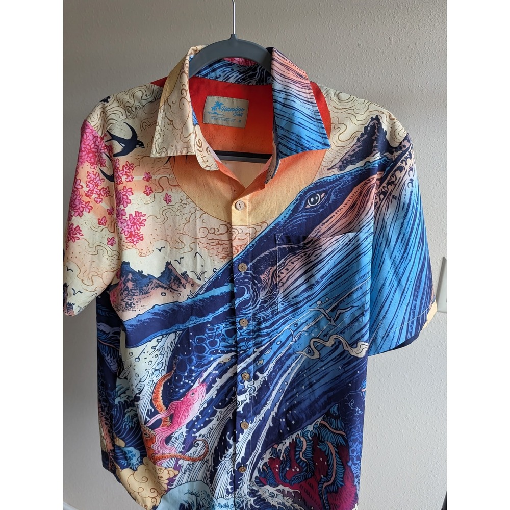 Hawaiian Shirts Mens Medium Japanese Wave Whale Graphic Button Up Short Sleeve